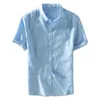 Bomullslinne skjortor för män avslappnade korta ärmstoppar överdimensionerade massivt vita vändkrage tee manliga sommarlovskläder 220505