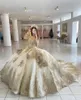 2022 Champagne Beaded Quinceanera Dresses Lace Up Appliqued Long Sleeve Princess Ball Gown Prom Party Wear Masquerade Dress B0417Q