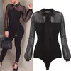 New Summer Bodysuit Women Sexy Bow Black Mock Neck Patchwork Long Sleeve Back Ladies Lace Mesh Bodysuit Transparent Tops T200116