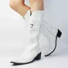 Women Skull Skeleton Selfie Cowboy Western Mid Calf Boots Pointed Toe Slip-On Stacked Heel Goth Punk Autumn Shoes Brand Designer Y220817