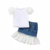 Giyim Setleri Bebek Çocuk Bebek Kız Kısa Kollu Üst Gömlek Dantel Denim Etek 2 Pcs Set Giysileri Yaz Kıyafet