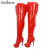 Sorbern Rote durchsichtige PVC-Stiefel für Damen im Schritt, Oberschenkelhoch, Damen-High-Heel-Plateau, maßgeschneiderter Stiefel mit breiter Wadenpassung, Unisex, Größe 5–15