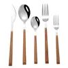 Flatware Cutlery Set 304 Stainless Steel Dinnerware Sets with Imitated Wooden Handle 5 Pack Tableware Including Forks Spoons Knives Kit