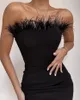 Sexy trägerloses rückenfreies Feder-schwarzes, figurbetontes Verbandkleid, Modedesigner-Party-Kleid