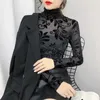 韓国風ハイネックベルベットメッシュトップス長袖ブラックボトムシングシャツセクシーな女性のTシャツ220328
