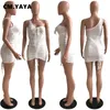 Cm.yaya kvinnor ärmlös en axel dragkonstruerad staplad bodycon midi klänning sexig fest klubb bandage mini blyerts klänningar 220516