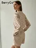 ベリーゴエレガントなショートSシルクシャツ女性ファッション長袖ポケットプリント2ピース夏のカジュアルワークサテンセット220706