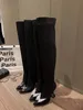 Amina Muadi 최고 품질의 여성용 호스 슈 힐 부츠 검은 무릎 사막 부츠에 뾰족한 발가락 부츠 빛을 빛나는 겨울 신발 크기 US4-11 NO389