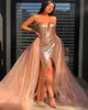 2022 Luxe lange prom -jurken zeemeermin Arabisch van de schouder pailletten lange hoge split -vloer lengte Midden -Oosten formele feestjurken