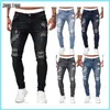 Moda Streetwear Black Ripped Dżinsy Mężczyźni chudy Slim Fit Blue Hip Hop Denim Spodery swobodne dżinsy dla mężczyzn Jogging Jean Homme 220606