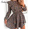 Southpire O-Neck A-Line Black Flower Print Vintage Dress Długi Rękaw Wzburzyć Mini Summer Casual Daily Party Odzież 220331