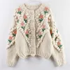 Zity Women Winter Handgjorda tröja och cardigans Floral broderier Håliga ut Chic Knit Jacket Pearl Beading 201221