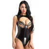 Plus Size Women Bodysuit Punk Black Patent Leather Lolita Sexy Lingerie Catsuit Latex Tempting Exciting Handcuffs Sleepwear 220318