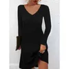 Elegant 2022 Early Spring V Neck Solid Color Dress Women Clothing Fashion Sexy Casual Long Sleeve Vestidos Pullover Party Dress Y220401