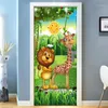 Andere decoratieve stickers 3d Forest Cartoon Animal Lion Giraffe Kinderen Room Kinderen Slaapkamer Deur Decoratie Sticker Wall Mural Wallpaper Zelf