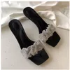 schoenen zomer mode sandaal slippers topkwaliteit echt lederen zacht flash boor lovertjes zwarte hakken 10 cm dames schoenen sandalen schoen schoen dames slipper 35-40