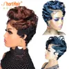 Short Bob Pixie Cut Human Hair Wig Black/Blonde/Brown Colored Curly None Lace Frontal Wigs for Women