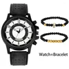 Wristwatches Premium Gift Watch Set For Dad Boyfriend Husband Classic Black Quartz Leather Cool Skull Elastic Bracelet To MenWristwatches