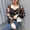 Women's Blouses & Shirts Women Slim Pleat Blusas Square Collar Floral Print Blouse Off Shoulder Chiffon