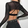 Frauen Sexy Shirt Langarm Damen T-shirt Durchsichtig Mesh Fishnet Crop Top T-stück Sheer Schwarz Sonnenschutz