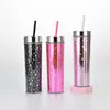 New!! 16oz double layer plastic straw mug can be customized rainbow gradient glitter straight body cup universal cold dri