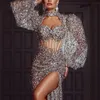 VC Luxury Sexy Skinny Silver Glitter Sequin Mermaid Balloon Sleeve High Slit Long Evening Dress Celebrity Club Wear W220421