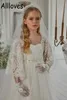 Long Sleeves Lace Boho Flower Girl Dresses for Wedding Party Tulle A Line Children Kids Formal Ocn Princess Pageant with Bow Baby First Communion Dress CL0727