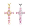 Gold-Silber-Frau mit 18-karätigem Kreuz-Anhänger-Halskette, rosa-weiß, AAA-Kubikzirkon, Modeschmuck