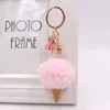 Mignon dessin animé bleu rose porte-clés fausse fourrure crème glacée pendentif porte-clés sacs en peluche accrocher pour les femmes voiture porte-clés gland porte-clés cadeau