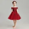 Girl's Dresses Elegant Girls Princess Trailing Kids Evening Party Dress Red Appliques Tulle Flower Wedding Ball Gown