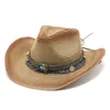 Berets Summer Straw cowboy hoed met kinriem en turquoise hatband unisex jazz fedoras koeling sunhats elegante cowgirl party capberets dav