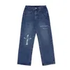Jeans de jeans retro crânios lavados masculinos de hip hop bordados calças cruzadas vibe casual de tamanho jeans de jeans straight calça de rua