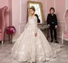 Ball Gown Girls Pageant Dresses Vintage Long Sleeve Jewel Neck Little Girl Wedding Dresses Beads Lace Flower Girl Dress Communion Gowns BC14014