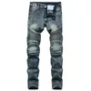 Herren-Jeans, modisch, zerrissen, Biker-Jeans, blau, Knie, Plissee, Knöchel, Reißverschluss, Marke, Slim-Fit-Schnitt, zerstörte Röhrenjeans