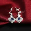 Woman party wedding Jewelry sets 925 Silver color Blue crystal heart pendant necklace earrings classic fashion Christmas gift