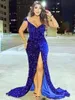 Glitter Royal Blue Sequined Mermaid Prom Dresses Off Shoulder Leg Side Split Long Formal Evening Gowns Shiny Pageant Special Occasion Dress For Women