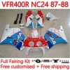 Zestaw ciała dla Honda RVF400R VFR400 R NC24 V4 VFR400R 87-88 Bodywork 132no.7 RVF VFR 400 RVF400 R 400RR 87 88 VFR400RR VFR 400R 1987 1988 Motorcycle Aworing Białe niebieski