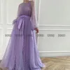 Vestidos de festa lilac baile vestido jóia decote ilusão de mangas longas pufos