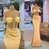 Sparkly Beaded Mermaid Prom klär sig av axeln Sequined Long African Satin Sweep Train Women Formal Afton Gowns