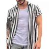 2022 Novo camisa masculina de linho de algodão havaiano camisa de colarinho de colarinho listrado de manga curta de manga curta
