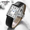 Zegarek zegarki SANDA prostokątne zegarki dla kobiet srebrne obudowy czarny zespół skórzany kwarc zegarek elegancki moda 275d