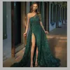 2022 Luxury Gold Evening Dresses Lace Crystal Beads Sequin Sweep Train Formal Bridal Pageant High Split Prom Gowns Custom Made