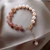 Link Chain Women Girl Pink Crystal Beads Pearls Charm Bracelets For Ladies Natural Strawberry Quartz Stone Bracelet Jewelry GiftLink