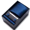 Silk Brand Tie Handkerchief Cufflink Set Necktie Holiday Box Mans Blue Gold Suit Accessories Slim Cravat Wedding Gravatas