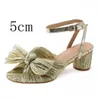 Women Sandals Summer Shoes Pleated Bow-knot Round Heels Open Toe Dress Shoes Big Size Party Wedding Shoes