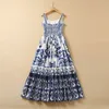 2022 Verão Alças finas Decote quadrado Azul Paisley Estampado Longo Vestido Maxi Elegante Casual Azul e Branco Porcelana Vestidos 22Q151631