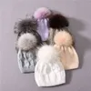 Crianças de malha de inverno para menino menino pêlo natural pom crianças chapéus quente camada dupla grossa