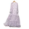 2022 Fall Autumn Long Sleeve Round Neck Lavender Chiffon Print Panelled Long Maxi Dress Elegant Casual Dresses 22G032345 Plus Size XXL