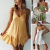 Vestidos Casuais Sexy Mini Alça Espaguete Babados Vestido de Verão Feminino 2022 Algodão Linho Vestidos Femme Vestido de Verão Ombro Fora Minimalismo