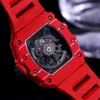 Röd kolfiber F1 MENS Titta på Luminous Skeleton Dial Japan Automatisk rörelse SAPPHIRE GLASS PERSONALISERAD RUMBLEM HANRSWATCH 44MM